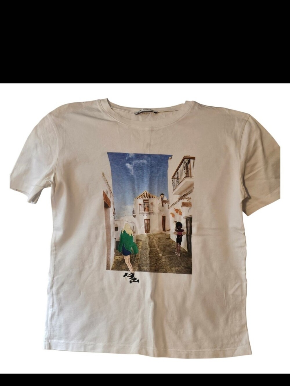 Zara White Graphic Tee with Scenic Street Print